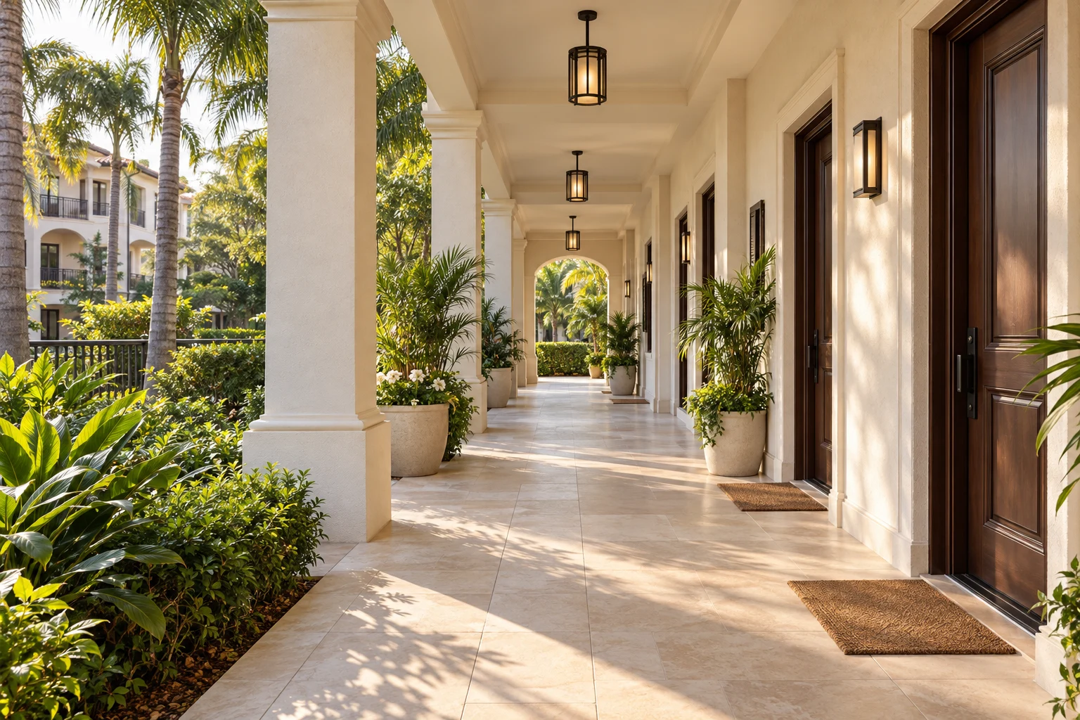 An inviting, clean apartment breezeway with Florida landscaping